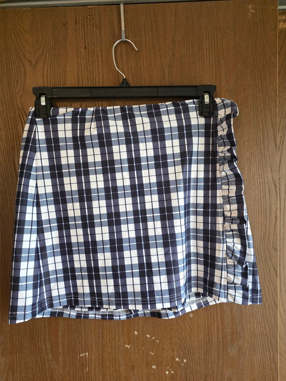 Navy and White Plaid Mini Skort with Side Ruffle